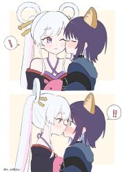  ! !! 2girls bare_shoulders black_choker blue_eyes blue_hair blue_hoodie blush cho_kaguya-hime! choker collarbone commentary green_eyes hair_ornament hair_rings hair_stick halterneck highres hood hoodie kiss kissing_cheek multicolored_hair multiple_girls o_satsu pink_hair purple_hair runami_yachiyo sakayori_iroha short_hair spoken_exclamation_mark twintails twitter_username two-tone_hair upper_body violet_eyes white_hair yuri 