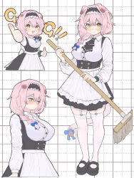  1girl :d alternate_costume animal_ears arknights ascot black_ascot black_hairband black_shoes blue_bow blush bow braid buttons closed_mouth commentary dotted_line double_thumbs_up enmaided flying_sweatdrops frilled_hairband frills garter_straps goldenglow_(arknights) grid_background hair_bow hairband highres hiruandon222 holding holding_mop infection_monitor_(arknights) initial long_hair long_sleeves looking_at_viewer maid mop open_mouth pink_hair shoes smile tail tail_bow tail_ornament thigh-highs thumbs_up white_background white_thighhighs yellow_eyes 