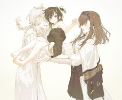  1boy 2girls ^_^ absurdres aged_down arknights asymmetrical_sidelocks bare_arms bare_legs bare_shoulders barefoot belt_pouch black_gloves black_hair black_hairband black_skirt blush breasts brown_hair capelet carrying child chinese_commentary closed_eyes coat commentary_request cowboy_shot doctor_(anime)_(arknights) doctor_(arknights) from_side gloves green_eyes green_streaks grin hairband hand_on_another's_back hetero highres kal'tsit_(arknights) lab_coat long_hair low_ponytail male_doctor_(arknights) medium_breasts multicolored_hair multiple_girls naked_towel one_side_up pale_colors parent_and_child ponytail pouch priestess_(arknights) princess_carry profile puffy_sleeves sidelocks simple_background skirt smile streaked_hair sweater toes towel turtleneck turtleneck_sweater white_capelet white_coat white_hair white_sweater yomi_tamashi 