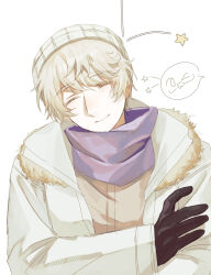  1boy artist_name axis_powers_hetalia black_gloves blonde_hair blush brown_shirt closed_eyes closed_mouth commentary crossed_arms down_jacket fur-trimmed_jacket fur_trim gloves hair_between_eyes harutoro_39487 hat highres jacket lapels long_sleeves male_focus official_alternate_costume open_clothes open_jacket pale_skin puffy_long_sleeves puffy_sleeves purple_scarf russia_(hetalia) scarf shirt short_hair simple_background smile solo star_(symbol) untranslatable_commentary upper_body white_background white_hat white_jacket 