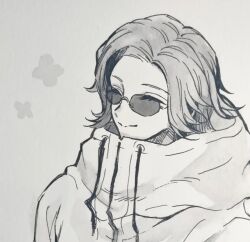  1boy ^_^ aotsuki_eito chinese_commentary closed_eyes commentary_request drawstring facing_ahead greyscale hatching_(texture) highres jacket linear_hatching male_focus monochrome mususky short_hair sketch solo sunglasses the_hundred_line_-last_defense_academy- traditional_media upper_body 