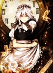  bow braid butterfly clock flower hair_bow highres izayoi_sakuya maid maid_headdress outstretched_arm outstretched_hand rby red_eyes shikihara_mitabi short_hair silver_hair solo the_embodiment_of_scarlet_devil touhou twin_braids 