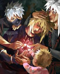  4boys artist_name blonde_hair child commentary english_commentary father_and_child father_and_son hatake_kakashi heart highres jiraiya_(naruto) kokodrawings male_focus multiple_boys namikaze_minato naruto_(series) parent_and_child signature spoken_heart teacher_and_student twitter_username uzumaki_naruto white_hair 