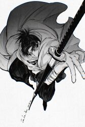  1boy artist_name bandaged_arm bandages black_hair black_kimono black_shoes cape dated greyscale highres holding holding_sheath holding_sword holding_weapon japanese_clothes kagurabachi katana kimono male_focus monochrome ponytail sheath shoes short_hair short_ponytail simple_background solo sword unsheathing uruha_youji weapon whalebone_1022 white_background white_cape 