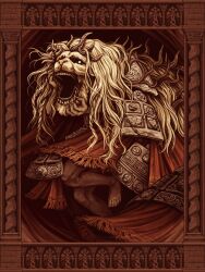  1other armor asymmetrical_horns blasphemousclaw border braid commentary divine_beast_dancing_lion elden_ring elden_ring:_shadow_of_the_erdtree english_commentary fringe_trim glowing glowing_eyes highres horns lion_dance lion_mane mismatched_horns multiple_braids ornate ornate_armor ornate_border teeth 