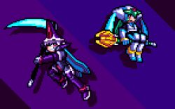  armor blue_background blue_hair brother_and_sister commentary energy_blade english_commentary green_hair helmet holding holding_scythe long_hair mega_man_(series) mega_man_zx model_w_(mega_man) pandora_(mega_man) pixel_art prometheus_(mega_man) purple_armor purple_background purple_helmet red_eyes scythe siblings simple_background skull-shaped_hat staff_riding vinicleidson white_armor white_helmet 