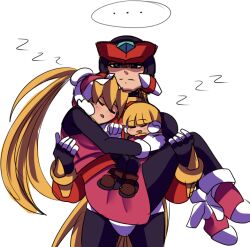  1boy 2girls belt blonde_hair carrying carrying_person ciel_(mega_man) dress gloves hair_between_eyes helmet high_heels mega_man_(series) mega_man_zero_(series) multiple_girls pink_dress ponytail raica_(khongbautroi) red_belt short_dress short_sleeves simple_background sleeping thigh-highs turtleneck white_background white_gloves zero(z)_(mega_man) zero_(mega_man) 