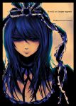  31_violence blue_hair border english face hair_ribbon kagiyama_hina kuma-hina long_hair monochrome ribbon shaded_face solo touhou violence_kumahina 