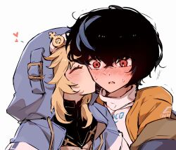  1boy 1girl androgyne_symbol black_hair blonde_hair blue_streaks bridget_(guilty_gear) closed_eyes couple guilty_gear guilty_gear_strive guilty_gear_strive:_dual_rulers heart hetero highres hood kiss kissing_cheek ky_gwangin multicolored_hair simple_background streaked_hair sweat sweatdrop trap turtleneck unika_(guilty_gear) upper_body 