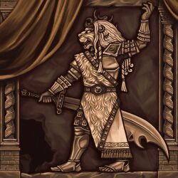  1boy armor armor_under_clothes assyria asymmetrical_horns blasphemousclaw border braid divine_beast_warrior_(elden_ring) elden_ring elden_ring:_shadow_of_the_erdtree fine_art_parody from_side full_body greatsword hand_up highres horns lion_mane mask ornate_border parody solo standing sword weapon 