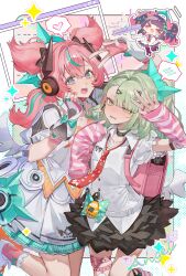  >_< 3girls :d ^_^ absurdres angels_of_delusion aqua_streaks aria_(human)_(zenless_zone_zero) aria_(zenless_zone_zero) arm_warmers bag bangboo_(zenless_zone_zero) bare_back black_hair black_skirt black_thighhighs blush boots center_frills chibi closed_eyes collared_shirt colored_inner_hair commentary_request crossed_bangs dress earrings fingerless_gloves frills full_body fur-trimmed_skirt fur-trimmed_sleeves fur_trim gloves green_eyes green_hair green_halo hair_between_eyes hair_ornament hairclip halo highres holding holding_megaphone jewelry leg_up leg_warmers mechanical_ears megaphone misu_(miisuuu) multicolored_hair multiple_girls multiple_hairclips musical_note_earrings nangong_yu necktie open_mouth pink_arm_warmers pink_bag pink_gloves pink_hair red_eyes red_necktie scar scar_on_back shirt short_twintails skirt smile streaked_hair striped_arm_warmers sunna_(zenless_zone_zero) thigh-highs too_many_bows twintails v v_over_eye white_boots white_dress white_shirt white_wings window_(computing) wings zenless_zone_zero 