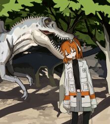  1girl =_= a.i._voice adachi_rei biting biting_head black_pantyhose black_shirt closed_eyes dinosaur grey_skirt highres jacket long_hair long_sleeves mizhou_(mzhu112646) open_clothes open_jacket open_mouth orange_hair outdoors pantyhose shadow shirt skirt solo standing tree utau white_jacket 