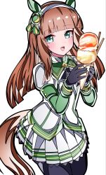  1girl animal_ears black_bow black_gloves black_pantyhose blunt_bangs blush bow commentary_request ear_covers gloves green_eyes green_sailor_collar green_sleeves hairband highres hime_cut holding holding_ice_cream_cone horse_ears horse_girl horse_tail ice_cream_cone kikkasoon long_hair long_sleeves looking_at_viewer open_mouth orange_hair orange_tail pantyhose pleated_skirt sailor_collar silence_suzuka_(innocent_silence)_(umamusume) silence_suzuka_(umamusume) simple_background skirt smile solo tail umamusume white_background white_hairband white_skirt 