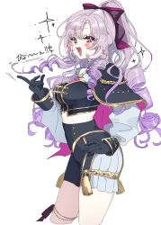  1girl :d black_gloves blush_stickers bow breasts capelet commentary cowboy_shot drill_hair emi537469 from_side gloves hair_bow hand_on_own_hip high_ponytail highres hyakumantenbara_salome long_hair looking_at_viewer medium_breasts midriff nijisanji nijisanji_idol_uniform official_alternate_costume ponytail purple_hair simple_background smile solo sparkle violet_eyes virtual_youtuber white_background 
