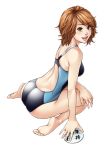  barefoot brown_eyes brown_hair competition_swimsuit face feet hanamura hands kneeling lips looking_back one-piece_swimsuit original short_hair sitting smile solo swimsuit wariza 