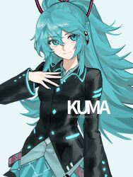  1girl aqua_eyes aqua_hair aqua_nails aqua_skirt aqua_trim artist_name black_jacket breasts fingernails hair_between_eyes hair_ribbon hand_on_own_chest hatsune_miku hatsune_miku_(if) headphones highres jacket kumathebear12 long_hair looking_at_viewer nail_polish pleated_skirt ponytail ribbon sidelocks simple_background skirt small_breasts smile solo twitter_username vocaloid 