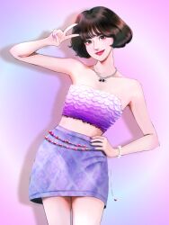  1girl bandeau bani_nurie_0325 bare_shoulders bob_cut bracelet brown_eyes brown_hair commentary_request cowboy_shot crop_top eunha_(gfriend) eyeshadow gfriend gradient_clothes hand_on_own_hip highres jewelry makeup midriff nail_polish necklace pink_lips purple_bandeau purple_nails purple_skirt shirt skirt solo v viviz 