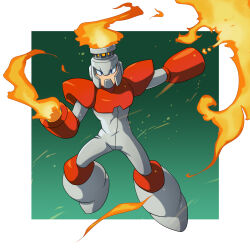  1boy android arm_cannon armor blue_eyes dual_arm_cannons dual_wielding fire fire_man flamethrower full_body green_background grey_helmet helmet highres holding looking_at_viewer mega_man_(classic) mega_man_(series) mega_man_1 red_armor robot robot_ears simple_background solo toastiepumpkin two-tone_background weapon white_background 