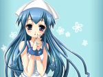  atsushi_(sakuranbou) blue_eyes blue_hair dress hands_clasped hat ikamusume long_hair shinryaku!_ikamusume solo tentacle_hair 