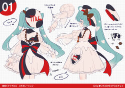  1girl back_bow beret black_bow blue_hair bow bowtie brown_bow brown_bowtie commentary_request cow cow_print_hat dress frilled_dress frills hair_bow hat hatsune_miku long_hair long_sleeves multiple_views official_art puffy_long_sleeves puffy_sleeves reference_sheet tirol_chocolate tirol_miku twintails very_long_hair vocaloid white_dress yumenouchi_chiharu 