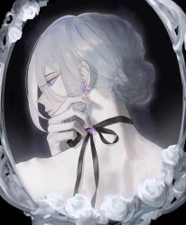  1boy absurdres androgynous black_background black_choker black_ribbon border butterfly_earrings cael_anselm chinese_commentary choker closed_mouth commentary_request earrings expressionless fingernails flower from_behind gem grey_hair hair_between_eyes hair_bun hand_on_own_neck highres jewelry long_hair_between_eyes looking_to_the_side lovebrush_chronicles male_focus ornate_border oval_border pearl_earrings pendant_choker portrait profile purple_gem ribbon ribbon_choker rose sidelocks single_hair_bun solo terminus-idolizer topless_male violet_eyes white_flower white_rose 