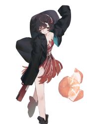  1girl absurdres ankle_boots arm_up black_boots black_coat black_hair boots coat dress feather_dress feather_hair_ornament feathers food foot_out_of_frame fruit gun hair_ornament hair_over_one_eye hairband handgun highres holding holding_gun holding_weapon nats_(d0ughnats) one_eye_covered orange_(fruit) orange_slice red_dress red_eyes red_feathers reverse:1999 schneider_(reverse:1999) short_dress short_hair smile solo weapon white_background white_hairband 