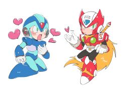 2boys absurdres android armor artist_logo blonde_hair blue_armor blue_eyes blue_helmet blush closed_eyes closed_mouth commentary finger_gun full_body gloves green_eyes heart helmet highres kneeling logo long_hair male_focus mega_man_(series) mega_man_x_(series) multiple_boys one_eye_closed open_mouth orange_background pointing ponytail red_armor red_helmet robot robot_ears shyu_1014 simple_background spoken_heart standing untranslatable_commentary very_long_hair weapon white_background white_gloves x_(mega_man) zero_(mega_man) 