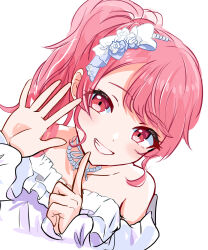  1girl bare_shoulders blush choker commentary_request cropped_torso dress dutch_angle flower frilled_dress frills grin hair_flower hair_ornament hands_up highres index_finger_raised jewelry kiwataaoi long_hair long_sleeves looking_at_viewer momoi_airi necklace off-shoulder_dress off_shoulder official_alternate_costume official_alternate_hairstyle open_hand pearl_necklace pink_hair ponytail project_sekai red_eyes ribbon ribbon_choker rose saihate_e_to_tobu_kimi_e_(project_sekai) sidelocks simple_background smile solo swept_bangs upper_body white_background white_flower white_ribbon white_rose 