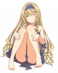  bare_shoulders barefoot blonde_hair blue_dress blue_eyes cecilia_alcott dress drill_hair face feet infinite_stratos long_hair looking_at_viewer mune panties simple_background sitting smile solo underwear wink 