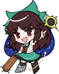  1girl :d arm_cannon black_shoes black_socks blush bow brown_eyes brown_hair chest_eye chibi chibi_only collared_shirt frilled_skirt frills full_body green_bow green_skirt hair_bow kneehighs long_hair looking_at_viewer mirei_(miirei) open_mouth outstretched_arm pointing reiuji_utsuho shirt shoes short_sleeves simple_background skirt smile socks solo standing sun touhou transparent_background v-shaped_eyebrows weapon white_shirt 