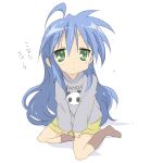  1girl bad_id blue_hair core_(mayomayo) expressionless green_eyes izumi_konata kneeling long_hair lucky_star panda solo sweater 