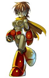  1girl armor blues_(rockman) breasts brown_hair capcom earrings erect_nipples female genderswap glasses gloves green_eyes jewelry robot rockman rockman_(classic) rockman_(original) scarf shiny solo walking zakki 