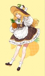  1girl :d ;d alternate_costume apron blonde_hair bow bowtie braid brown_hat brown_shoes brown_skirt brown_vest commentary_request food fruit full_body green_bow green_bowtie hair_bow hat hat_bow highres holding holding_food holding_fruit kirisame_marisa long_hair long_sleeves looking_at_viewer one_eye_closed open_mouth petticoat pineapple revision sarukana shirt shoes side_braid simple_background single_braid skirt smile socks solo touhou v very_long_hair vest waist_apron white_apron white_bow white_shirt white_socks witch_hat yellow_background yellow_eyes 