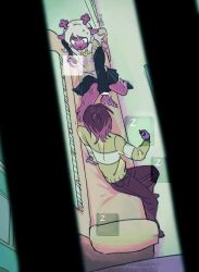  1girl 1other black_skirt blonde_hair brown_hair commentary couch deltarune english_commentary furry furry_female green_sweater green_sweater_vest highres holding hooves keycap kris_(deltarune) noelle_holiday on_couch sitting skirt smbdylsss sweat sweater sweater_vest utdr_(toby_fox) weird_route_(deltarune) 