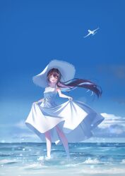  1girl absurdres aircraft airplane alternate_costume azki_(hololive) blue_sky brown_hair closed_eyes clouds colored_inner_hair commentary day dress floating_hair hair_intakes hair_ornament hat highres holding_own_dress hololive horizon jet_airliner large_hat long_hair mole mole_under_eye multicolored_hair ocean open_mouth outdoors pink_hair png_pant_(bus) sky sleeveless sleeveless_dress smile solo standing streaked_hair summer sun_hat sundress two-tone_hair vehicle_request virtual_youtuber wading water white_dress 
