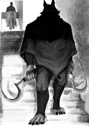  1boy absurdres animal_ears barefoot black_cloak claws cloak commentary death_(puss_in_boots) dual_wielding furry furry_male glowing glowing_eyes highres holding holding_scythe looking_at_viewer male_focus miceoao partially_colored puss_in_boots:_the_last_wish reference_inset scythe shrek_(series) stairs untranslatable_commentary wolf_boy wolf_ears 