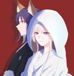  2girls animal_ear_fluff animal_ears black_kimono blue_eyes blue_hair cho_kaguya-hime! closed_mouth commentary_request fox_ears fox_girl highres hood hood_up japanese_clothes kimono long_hair medium_hair multiple_girls purple_hair runami_yachiyo runami_yachiyo_(tsukuyomi) sakayori_iroha sakayori_iroha_(tsukuyomi) uchikake upper_body wataboushi white_hair white_kimono wife_and_wife yang1901 yuri 