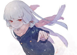  1girl ark_kan blue_coat blunt_bangs blush coat commentary_request foreshortening hair_ribbon kantai_collection light_smile long_hair long_sleeves looking_at_viewer murakumo_(kancolle) pink_scarf reaching reaching_towards_viewer red_eyes red_ribbon ribbon scarf sidelocks signature snowing solo tress_ribbon very_long_hair 