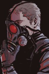  1boy arm_up beard_stubble black_background black_gloves black_jacket brown_eyes brown_hair commentary donlemefo english_commentary facial_hair flak_jacket gas_mask gloves holding holding_mask hunk_(resident_evil) jacket long_sleeves male_focus mask portrait profile resident_evil short_sideburns sideburns simple_background solo stubble upper_body 