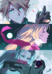  1girl 2boys absurdres aerith_gainsborough aqua_eyes armor artist_name ball black_coat black_gloves blonde_hair brown_hair closed_eyes cloud_strife coat copyright_name emi-bianchi falling_feathers falling_petals feathers final_fantasy final_fantasy_vii final_fantasy_vii_rebirth final_fantasy_vii_remake final_fantasy_vii_revelation gloves grey_hair hair_between_eyes highres holding holding_ball long_hair materia multiple_boys parted_bangs parted_lips pauldrons petals pink_ribbon ribbed_shirt ribbon sephiroth shirt short_hair shoulder_armor sidelocks turtleneck upper_body yellow_petals 