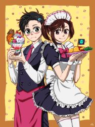  1boy 1girl alien alternate_costume apron ayase_momo black_choker black_dress black_hair black_pants black_vest blush border bow bowtie breasts brown_hair butler cat choker closed_mouth collared_shirt cowboy_shot dandadan dress fancy_dessert food glasses green_eyes hair_ornament hairclip highres holding holding_food maid maid_apron maid_headdress medium_breasts medium_hair necktie o_haosolidxxx official_alternate_costume orange_border pants parfait pink_apron pink_bow pink_bowtie pink_eyes pink_necktie puffy_short_sleeves puffy_sleeves round_eyewear shirt short_hair short_sleeves short_twintails smile takakura_ken_(dandadan) thigh-highs turbo_granny_(dandadan) twintails vest waist_apron waistcoat wavy_mouth white_shirt white_thighhighs white_wrist_cuffs wrist_cuffs yellow_background 