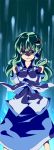  arms_folded blue_dress blue_eyes crossed_arms danmaku detached_sleeves dress frog glowing glowing_eyes green_hair hair_ornament kochiya_sanae long_image memento_vivi parody red_eyes smirk snake solo tall_image tengen_toppa_gurren-lagann tengen_toppa_gurren_lagann touhou 