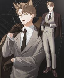  1boy animal_ears black_gloves black_necktie black_socks brown_hair brown_shoes closed_mouth coat coat_on_shoulders collared_shirt commentary_request cracked_background dress_shirt fox_boy fox_ears full_body gloves grey_jacket grey_pants gwechul highres ho_yoowon jacket korean_commentary lapels layered_sleeves long_sleeves looking_at_viewer male_focus multiple_views necktie notched_lapels open_mouth pants parted_bangs ri_mumu shirt shoes short_hair smile socks suit_jacket suit_pants upper_body white_shirt wing_collar yellow_eyes 
