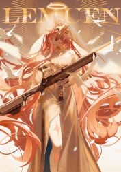  1girl absurdres ambience_synesthesia arknights bare_shoulders bird character_name chinese_commentary closed_mouth commentary_request detached_wings disembodied_hand dress facial_mark feet_out_of_frame gold_collar gun halo highres holding holding_weapon leg_tattoo lemuen_(arknights) lemuen_(requiem_vesperis)_(arknights) long_hair looking_at_viewer mark_under_eye official_alternate_costume one_eye_covered pink_eyes pink_hair rifle shaoyan061 smile solo standing star_pendant tattoo teardrop_facial_mark traditional_halo veil very_long_hair weapon white_dress white_halo white_veil wings 