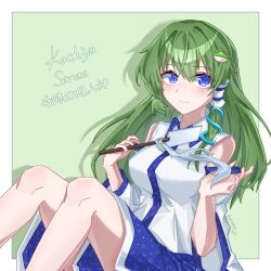  1girl blue_eyes blue_skirt blush breasts character_name closed_mouth commentary_request detached_sleeves frog_hair_ornament gohei green_background green_hair hair_ornament hair_tubes highres holding holding_gohei kochiya_sanae lasagna-nsr long_hair looking_at_viewer medium_breasts single_hair_tube skirt smile snake_hair_ornament solo touhou translation_request 