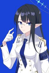  1girl absurdres armband black_hair blue_archive blue_background blue_eyes blue_necktie breasts closed_mouth collared_shirt commentary_request glasses gloves half_gloves halo hand_up highres jacket looking_at_viewer medium_breasts necktie open_clothes open_jacket pointy_ears rin_(blue_archive) ryoji_minato shirt simple_background solo upper_body white_gloves white_jacket white_shirt 