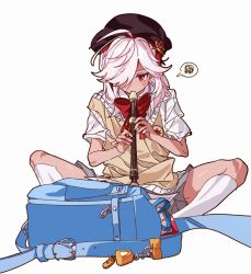  1boy alternate_costume ankake9yakisoba backpack bag bag_charm black_hat bow bowtie charm_(object) commentary_request cyno_(genshin_impact) flute genshin_impact grey_shorts hair_between_eyes hair_over_one_eye hat highres holding holding_flute holding_instrument instrument kneehighs long_hair male_focus playing_instrument red_bow red_bowtie red_eyes shirt shoes short_sleeves shorts simple_background sitting socks solo spoken_squiggle squiggle sweat sweater_vest white_background white_hair white_socks 