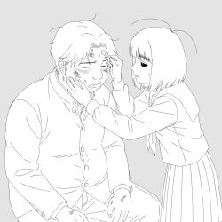  1boy 1girl aged_down antenna_hair applying_bandaid bandaid bandaid_on_face blunt_bangs blush bruise bruise_on_face bruise_on_hand closed_eyes eyebrows_hidden_by_hair fat fat_man gakuran genshiken grey_background haraguchi highres injury jimiko kano_kino lineart neckerchief original pleated_skirt sailor_collar school_uniform serafuku simple_background sitting skirt solid_eyes suwa_machi_(kano_kino) sweat thick_eyebrows 