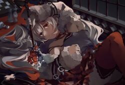  1girl arcaea bare_shoulders black_choker blue_eyes chess_piece chessboard choker closed_mouth commentary_request dress earrings frills fur_trim heterochromia highres holding holding_scepter jacket jewelry long_hair looking_at_viewer lying off_shoulder red_eyes red_thighhighs rei_rigel scepter shirahime_(arcaea) sleeve_belt solo thigh-highs twintails white_hair white_jacket 