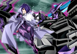  1girl absurdres arma-019 bodysuit capelet commentary_request floating gloves hair_over_one_eye highres jacket king_j-der mecha one_eye_covered outstretched_arms purple_bodysuit purple_capelet purple_gloves purple_hair purple_jacket robot science_fiction short_hair smile space super_robot teeth tsunashima_shirou upper_teeth_only v-fin violet_eyes yuusha_ou_gaogaigar yuusha_ou_gaogaigar_final yuusha_series 